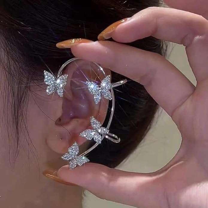 CrystalFlutter© Silver No Piercing Butterfly Wrap Crawler Ear Cuff Earrings 2Pcs/Set