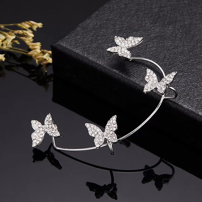 CrystalFlutter© Silver No Piercing Butterfly Wrap Crawler Ear Cuff Earrings 2Pcs/Set - TUNEFRESH