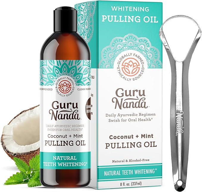 GuruNanda Coconut & Peppermint Oil Pulling (237 ml.) with Tongue Scraper - TUNEFRESH